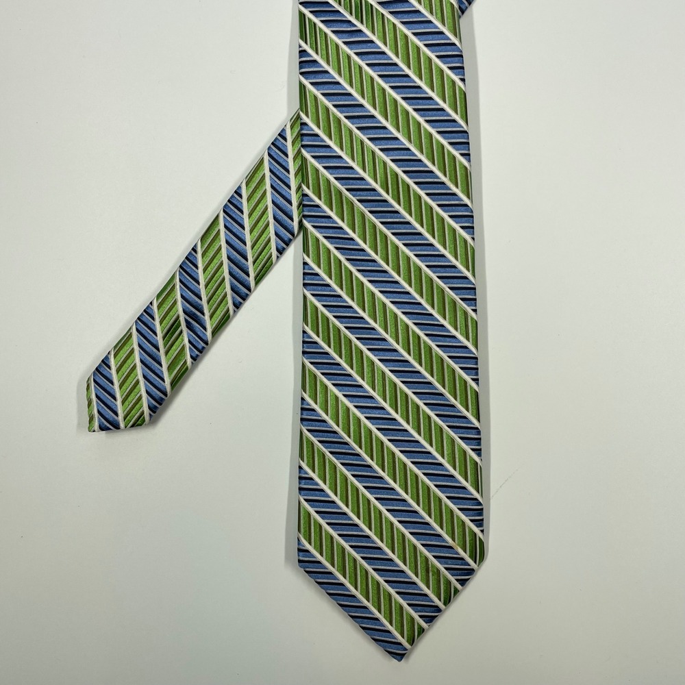 Bachrach Green Blue Striped Silk Diagonal Pattern Tie Mens OS